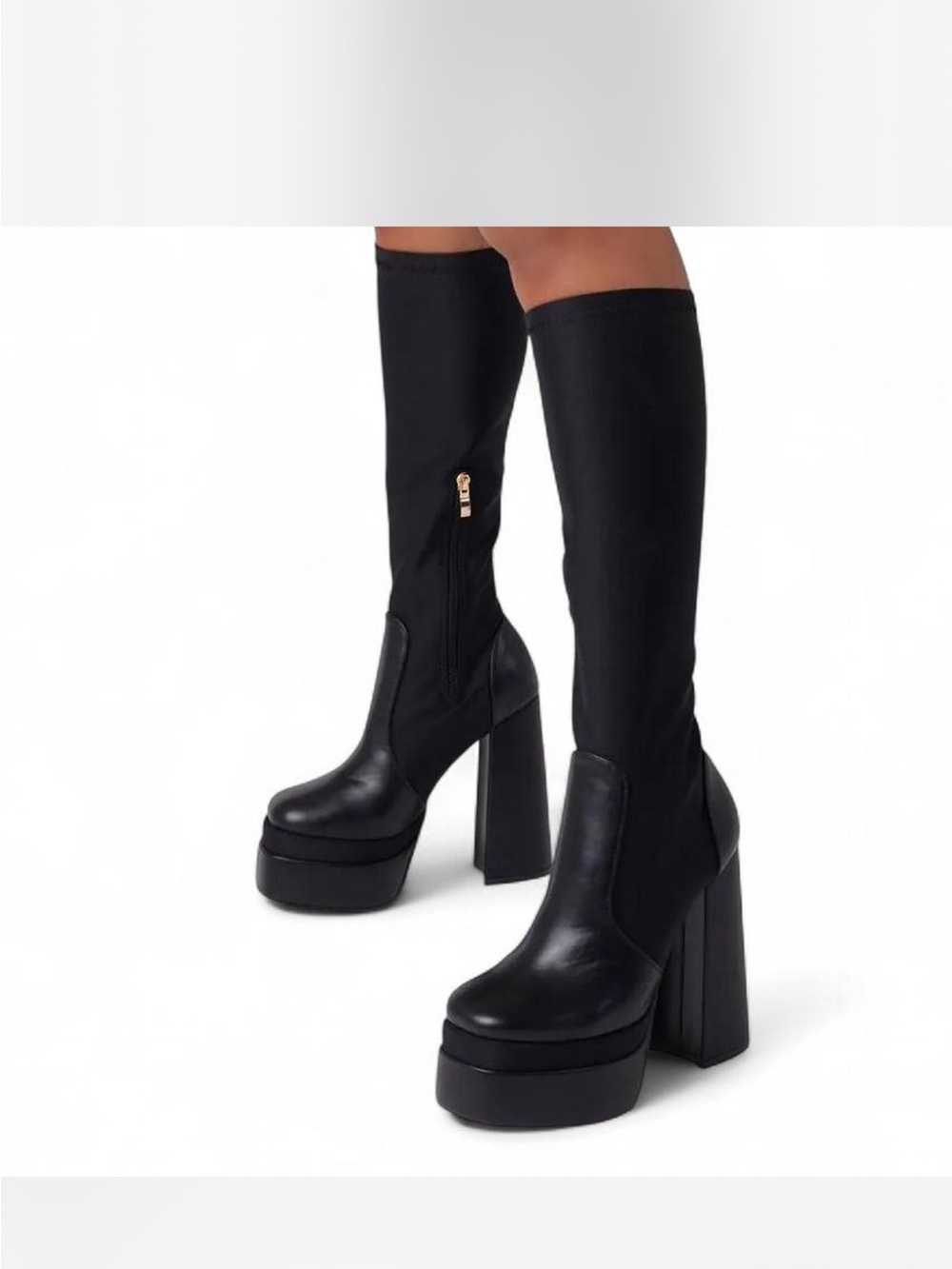 Chunky Platform Knee-High Boots - Black